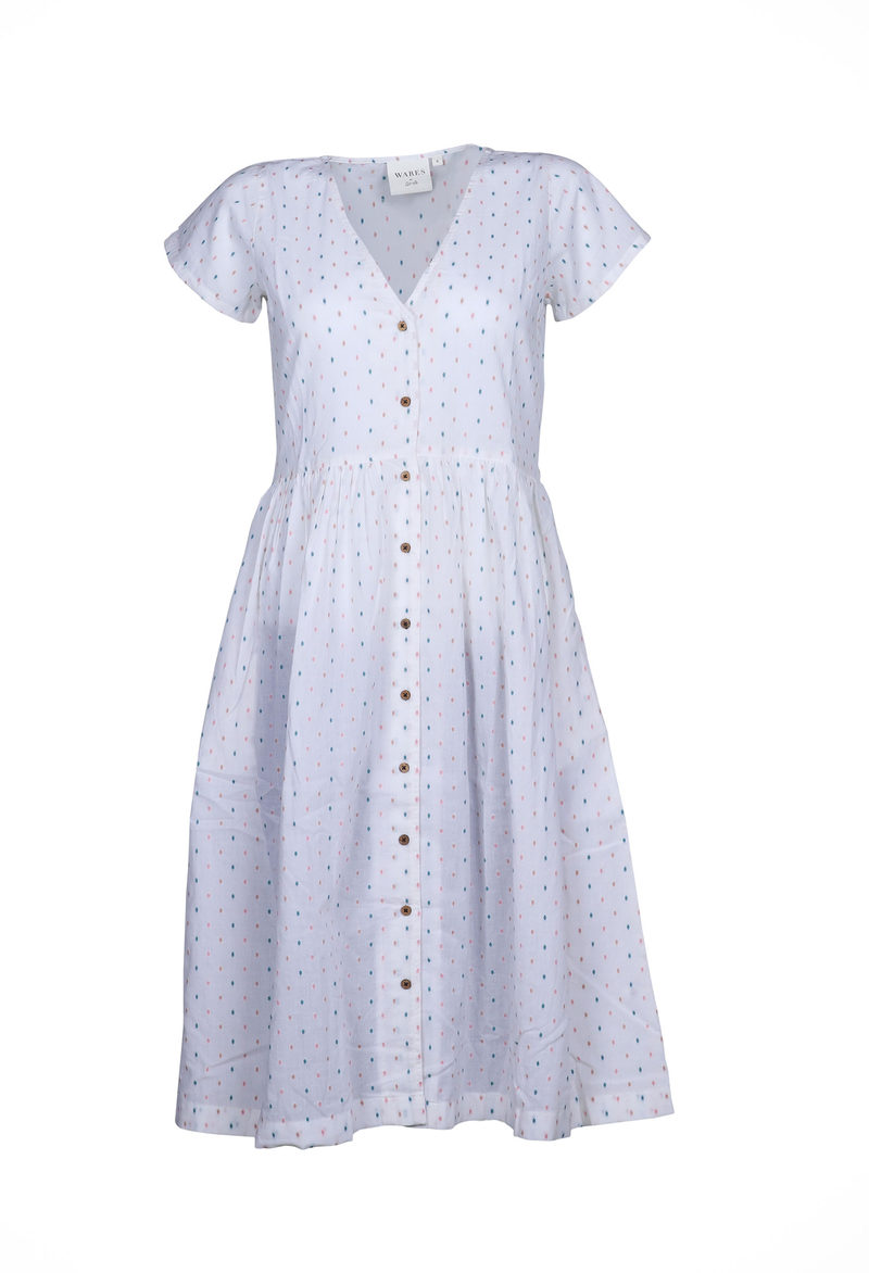 100% organic cotton yarn dyed spot dobby dress with coconut shell buttons