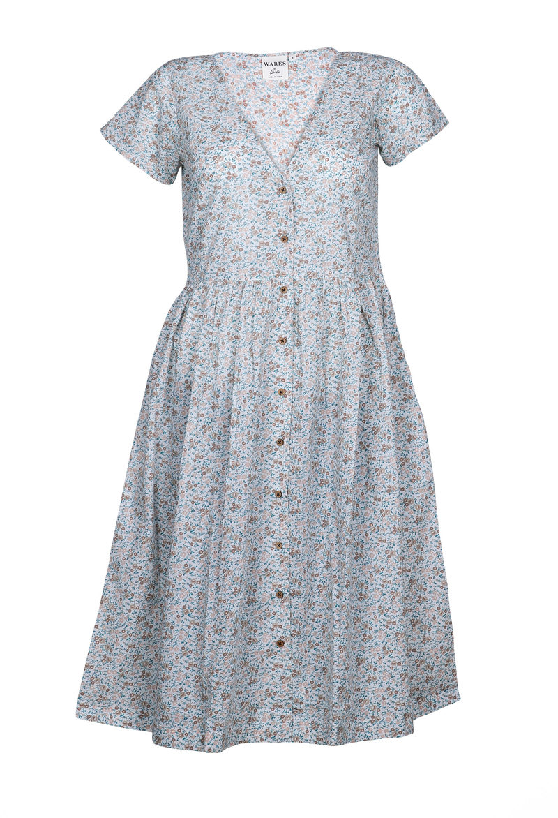 Multi color allover printed organic voile dress with coconut shell buttons